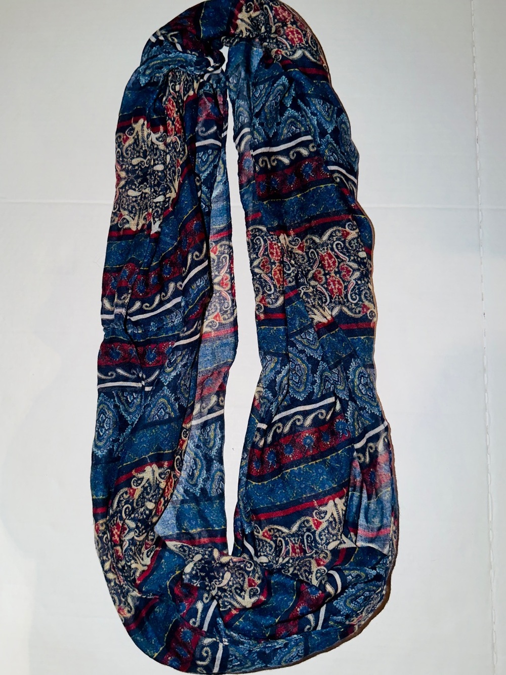 Women’s Blue Red Paisley Boho Print Scarf 100% Polyester One Size